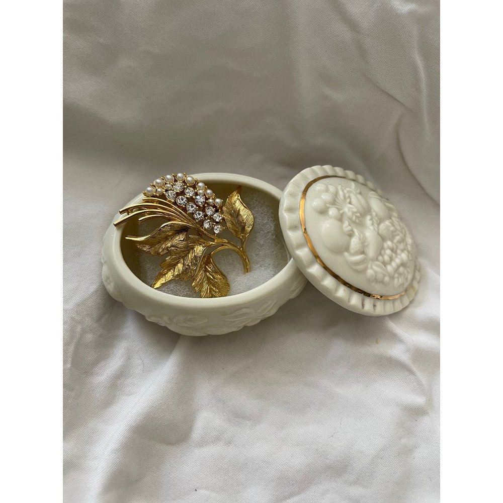 Vintage Lenox Jewelry Trinket Box/Gerrys Vintage Rhinestone Gold Tone Brooch